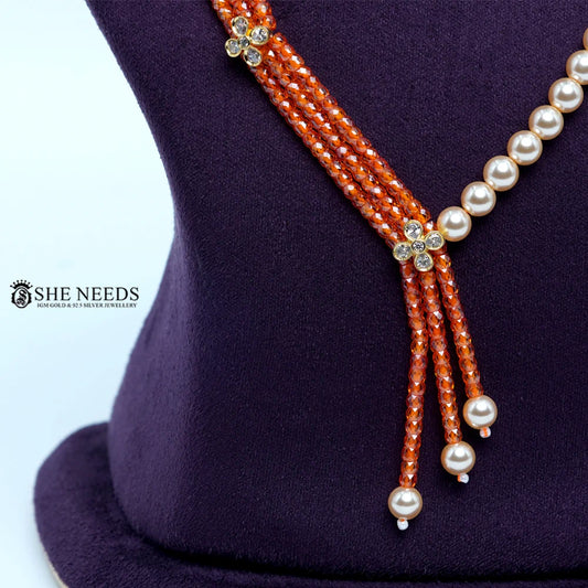 Orange  CZ beads chain necklace with Swarovski pearls by She Needs Jewellery