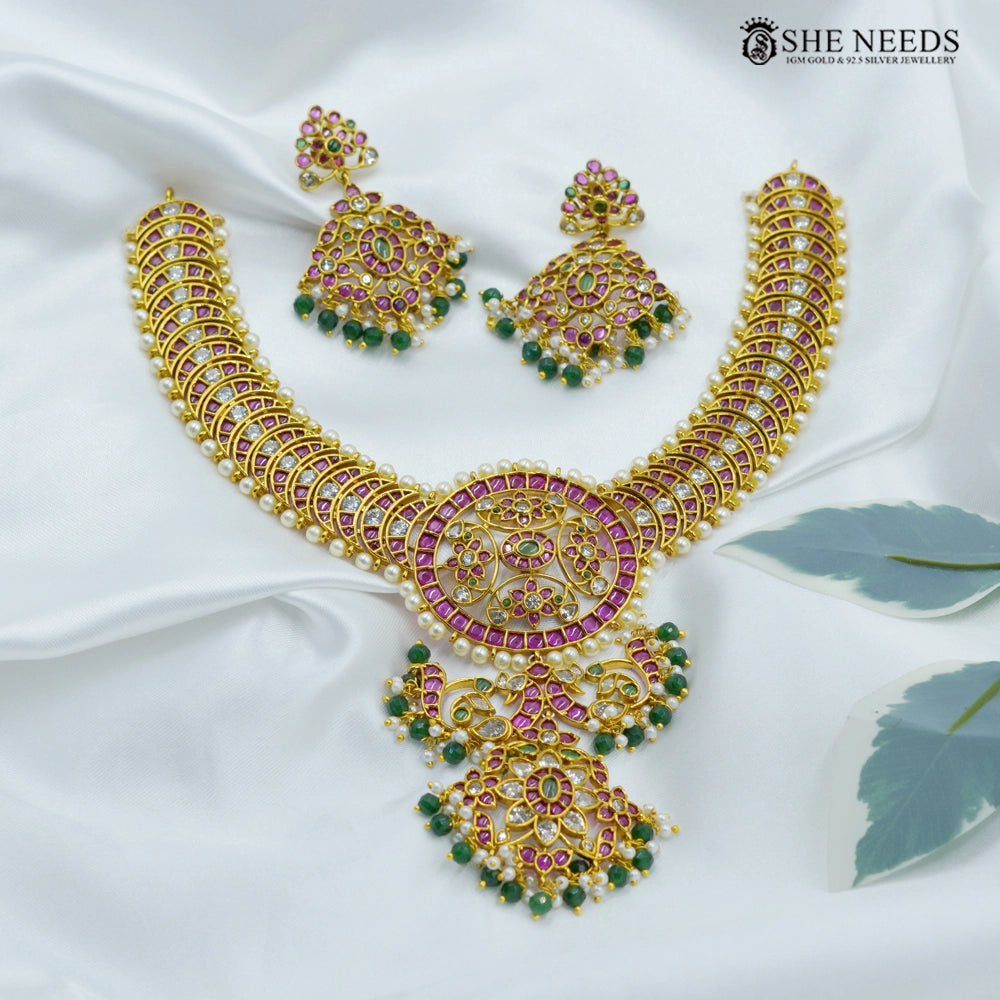 Grand Temple Kundan Emerald Bridal Necklace Set