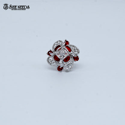 Silver ruby floral cocktail ring with cubic zirconia stones for women