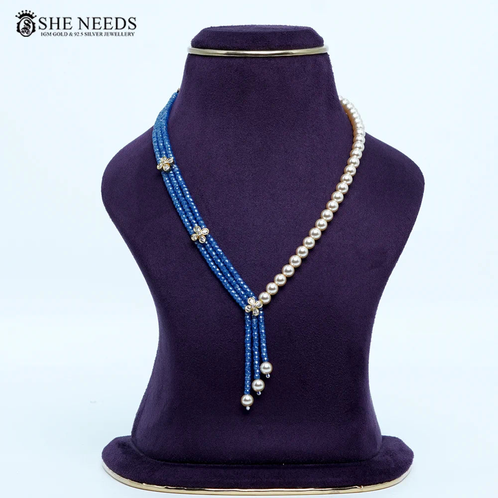 Blue CZ beads chain necklace with Swarovski pearls by She Needs Jewellery