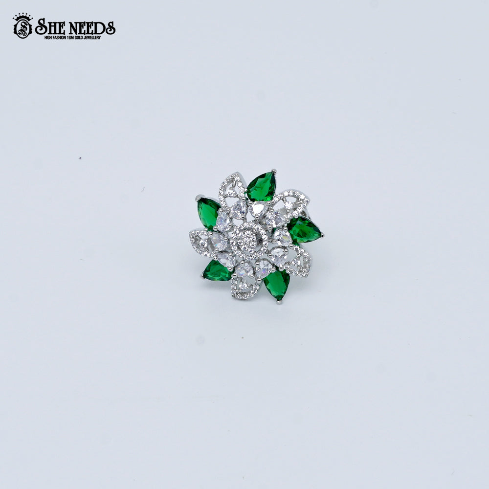Silver Green Stone Floral Ring | CZ Crystal Ring for Women