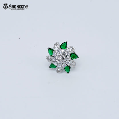 Silver Green Stone Floral Ring | CZ Crystal Ring for Women