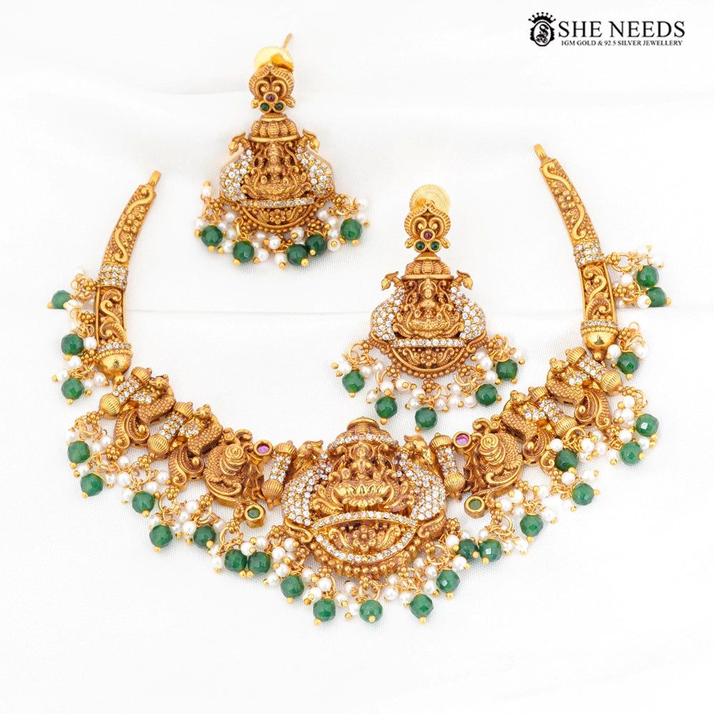 Lakshmi Nakshi Temple Necklace Set with Green Beads & Pearl