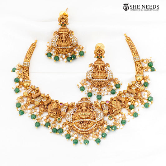Lakshmi nakshi temple necklace set with green beads – She Needs Jewellery