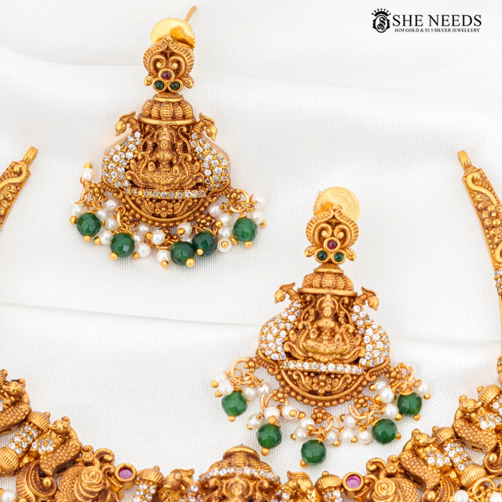 Lakshmi Nakshi Temple Necklace Set with Green Beads & Pearl