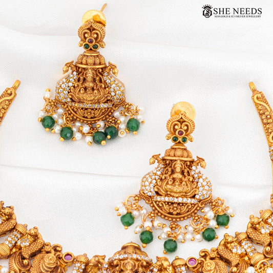 Lakshmi nakshi temple necklace set with green beads – She Needs Jewellery
