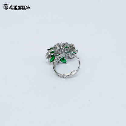 Silver Green Stone Floral Ring | CZ Crystal Ring for Women