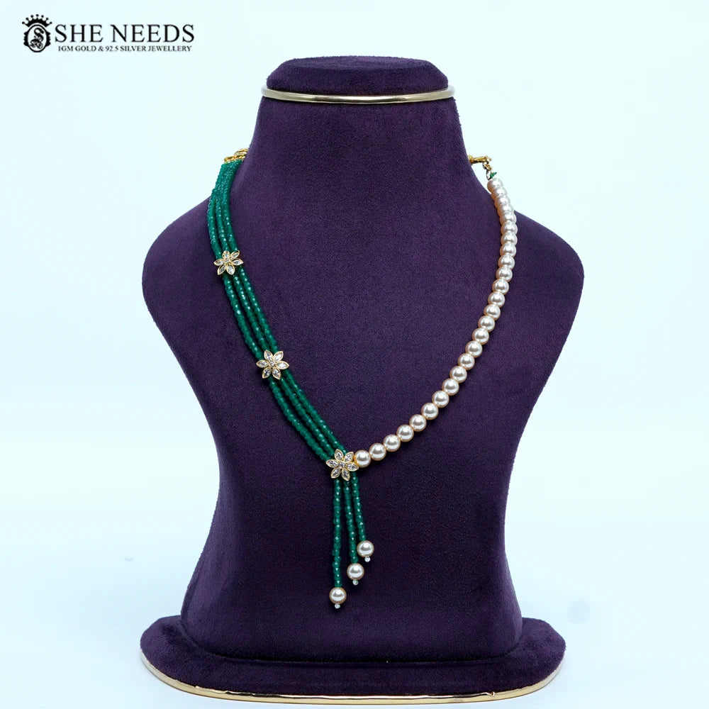 Light Green CZ beads chain necklace with Swarovski pearls by She Needs Jewellery