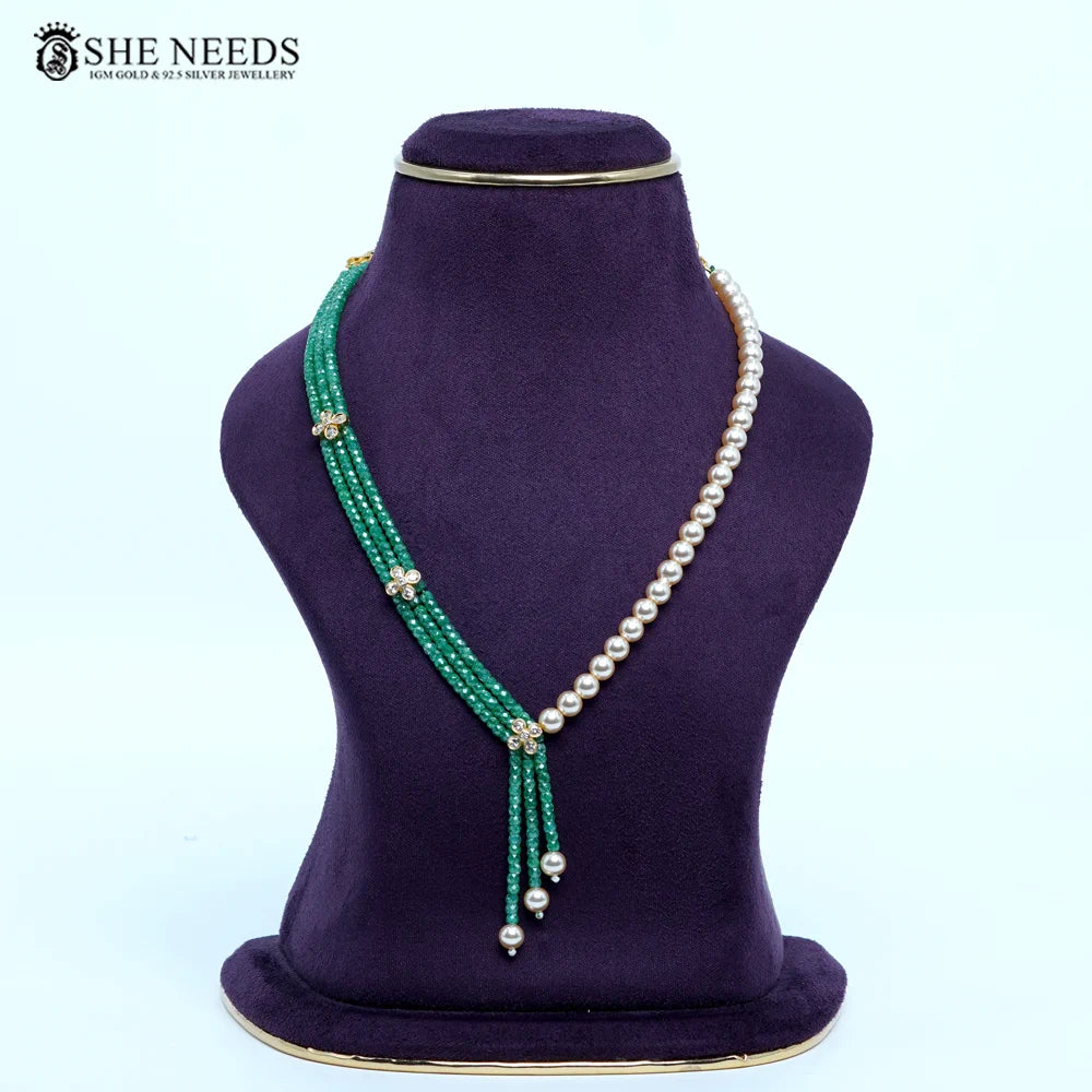 Light Green CZ beads chain necklace with Swarovski pearls by She Needs Jewellery