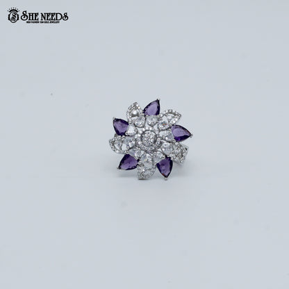Silver purple Stone Floral Ring | CZ Crystal Ring for Women
