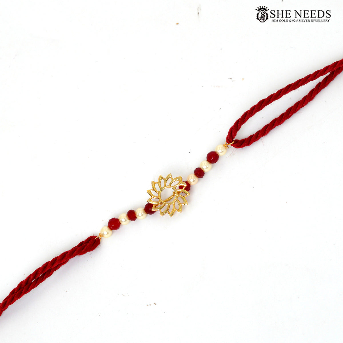 Red Pearl & White Bead Traditional Silver Rakhi with Gold Floral Motif