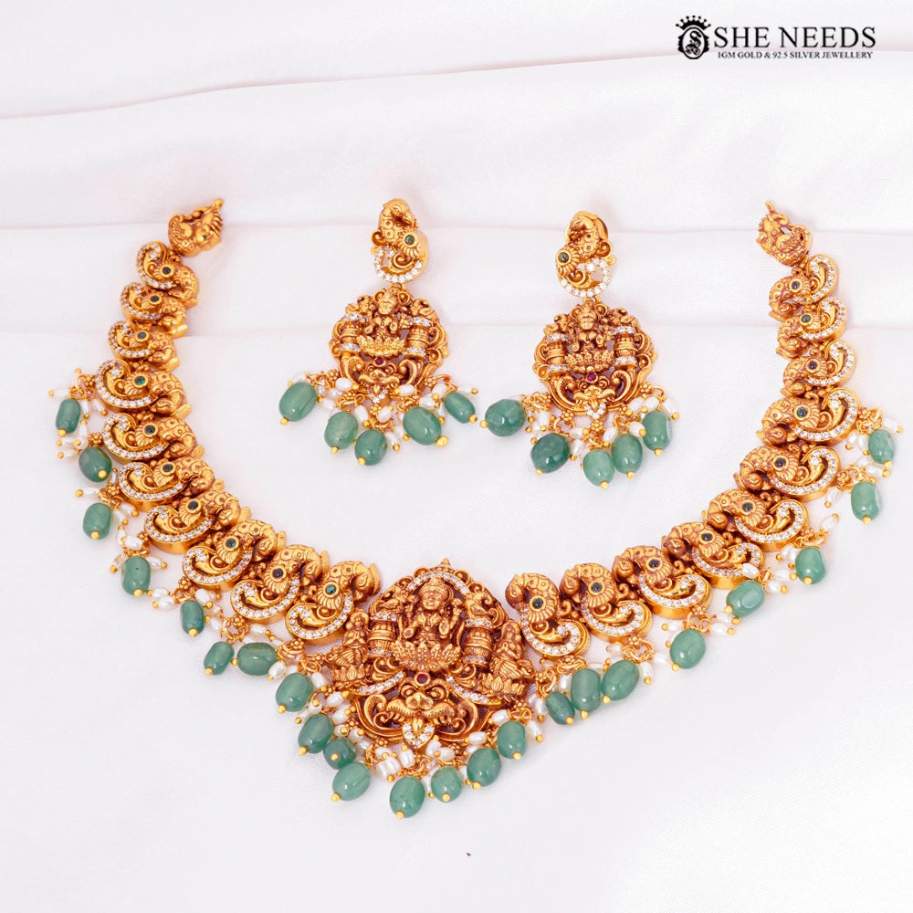 Lakshmi Peacock Nakshi Temple Necklace Set with Green Beads