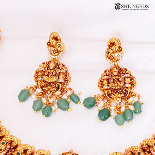 Lakshmi Peacock Nakshi Temple Necklace Set with Green Beads