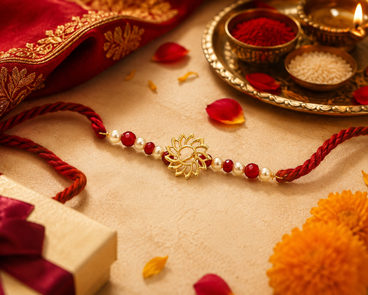 A traditional Indian Rakhi with red braided cords, white pearls, and a central gold sun-shaped charm, displayed on a beige surface with festive props including a red embroidered cloth, a brass diya, and flower petals.