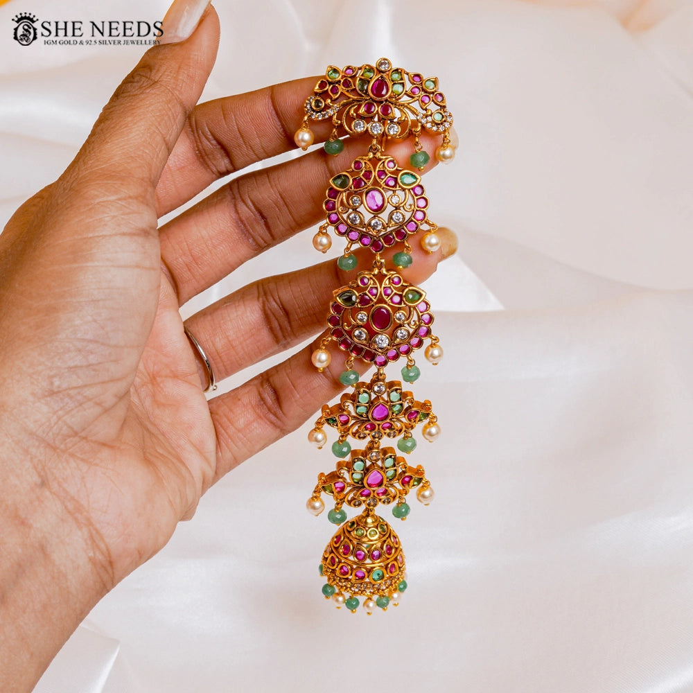 Royal Kemp Stone Jada Settu with Pearl & Green Bead Drops