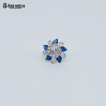 Silver blue Stone Floral Ring | CZ Crystal Ring for Women