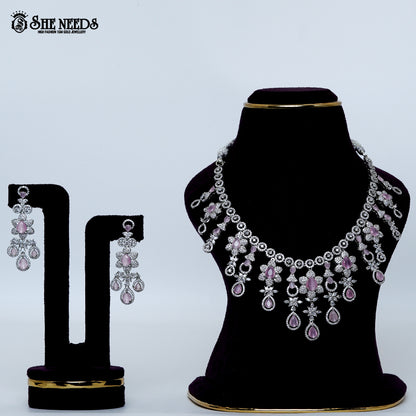 Amethyst bloom rhodium silver necklace with purple stone drops floral design