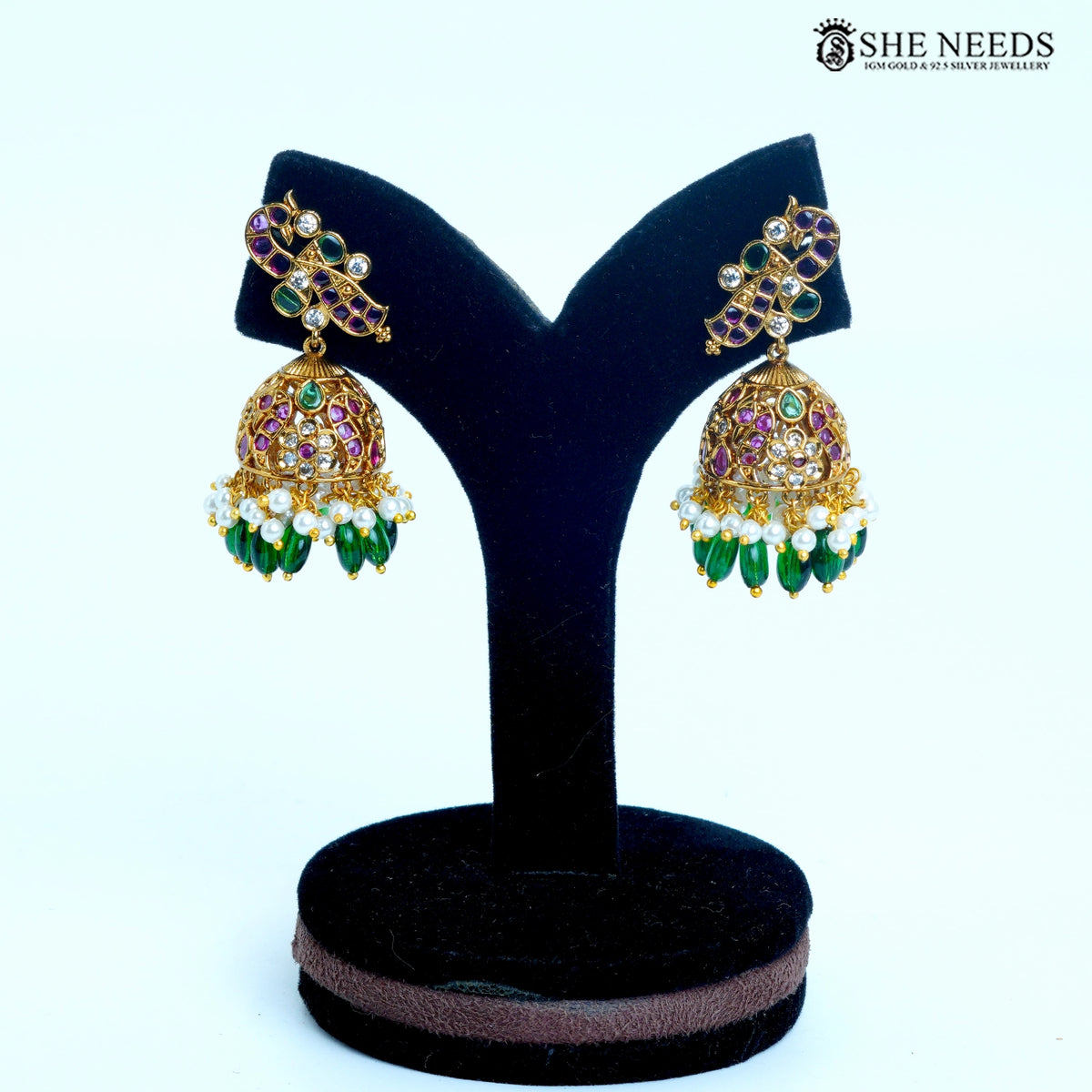 Vaishnavi Peacock Motif Dome Jhumka Earrings – Pink, Green & White