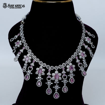 Amethyst bloom rhodium silver necklace with purple stone drops floral design