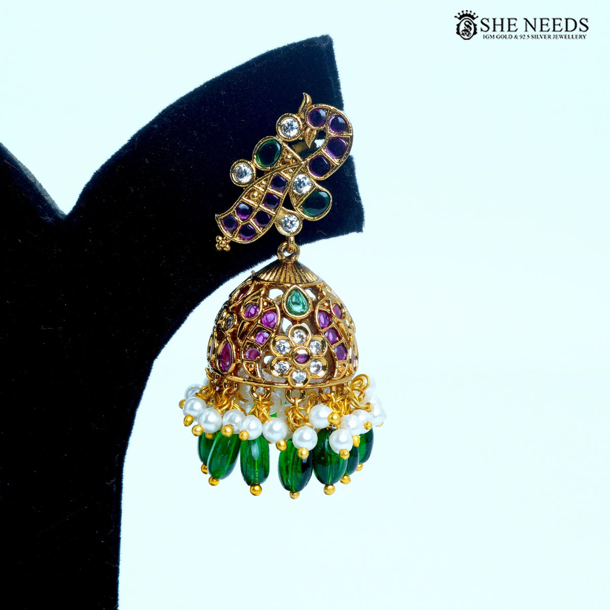 Vaishnavi Peacock Motif Dome Jhumka Earrings – Pink, Green & White