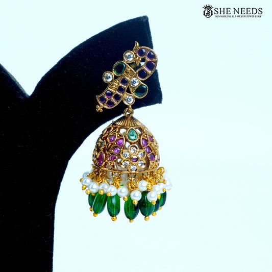 Vaishnavi Peacock Motif Dome Jhumka Earrings – Pink, Green & White