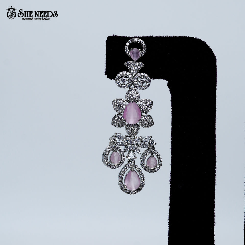 Amethyst bloom rhodium silver necklace with purple stone drops floral design