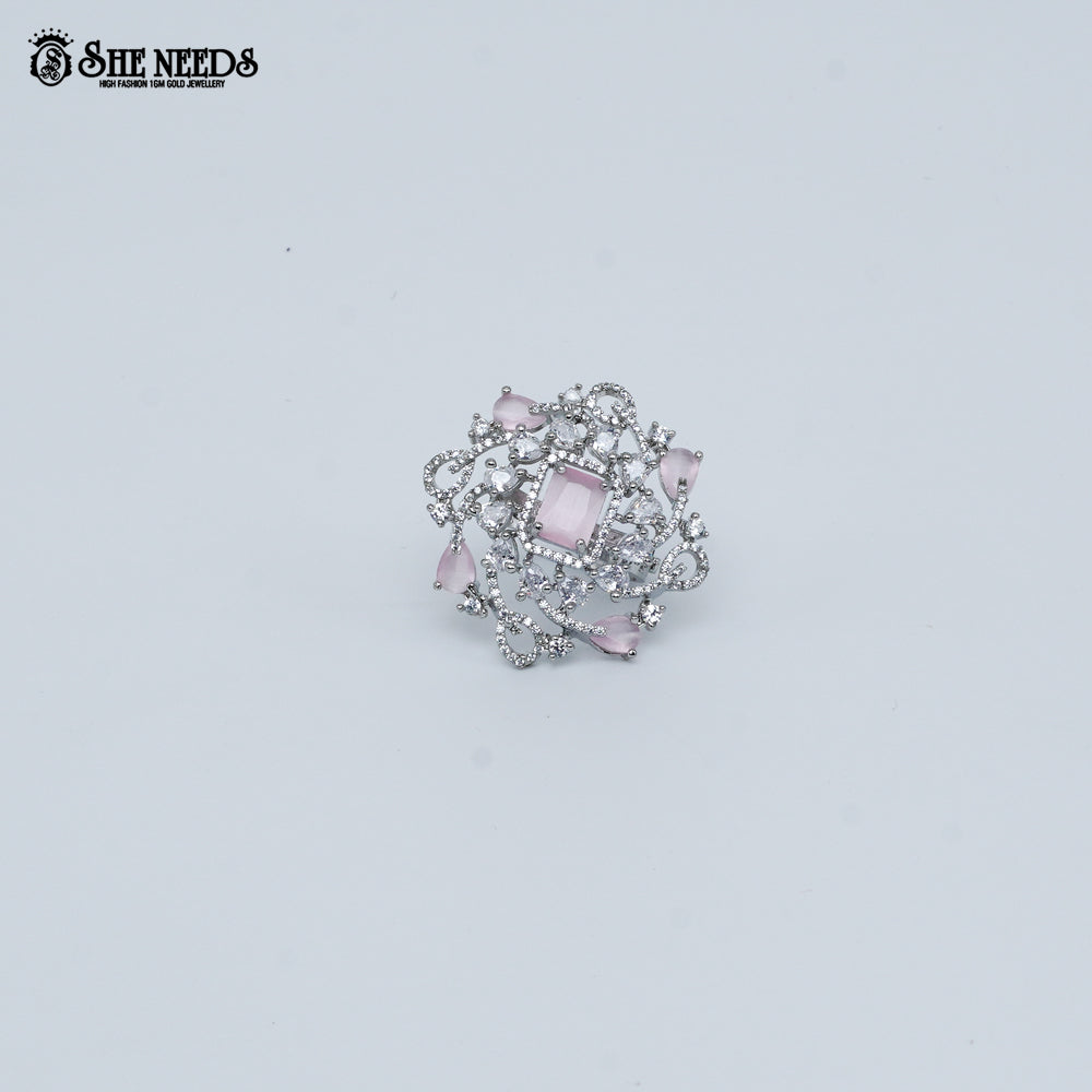 Silver pink crystal floral statement ring for women