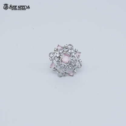 Silver pink crystal floral statement ring for women