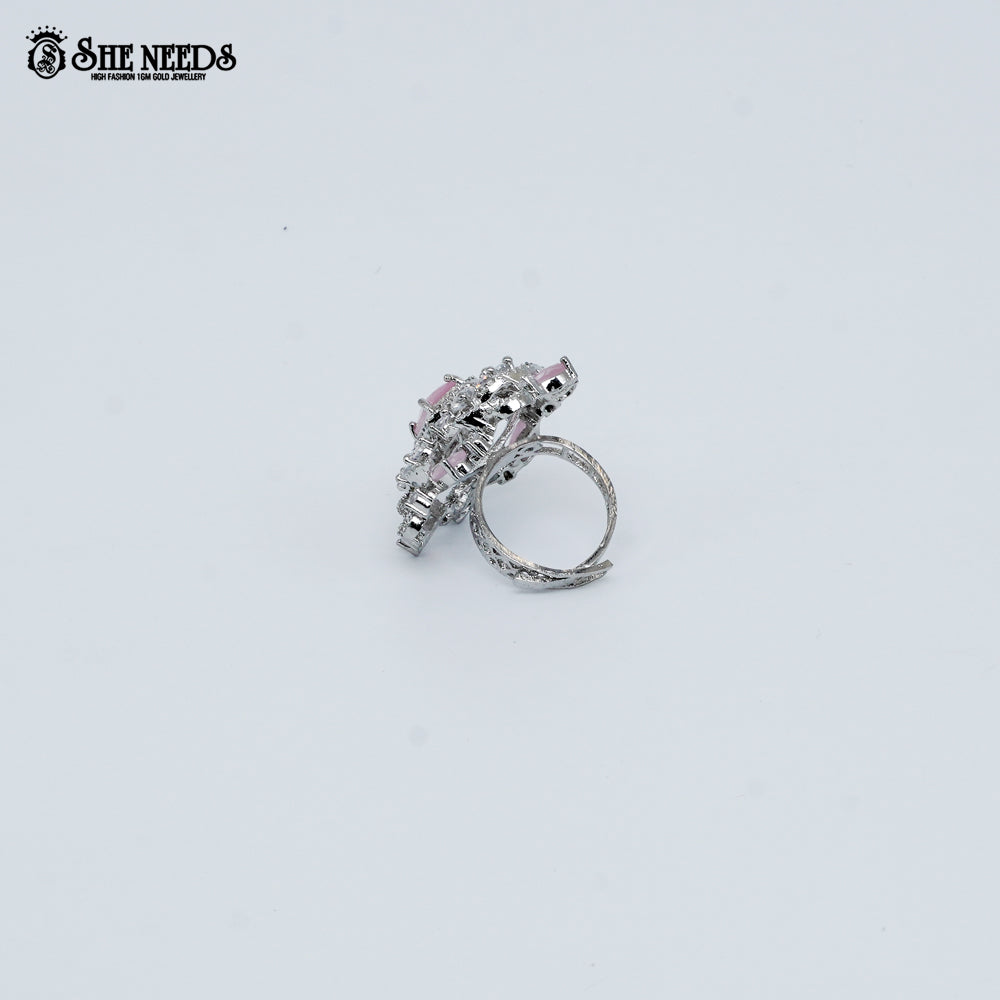 Silver pink crystal floral statement ring for women
