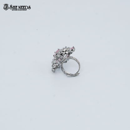 Silver pink crystal floral statement ring for women