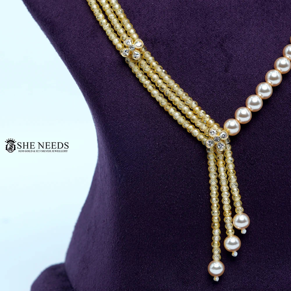 Yellow CZ beads chain necklace with Swarovski pearls by She Needs Jewellery