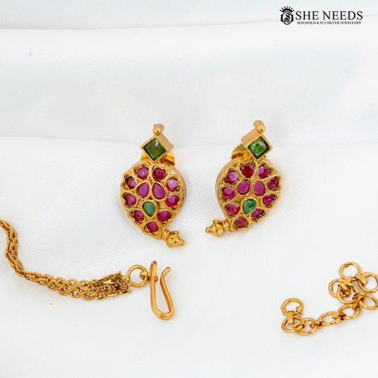 Traditional Green Stone Nanu Haram Necklace Set with Pink Kemp