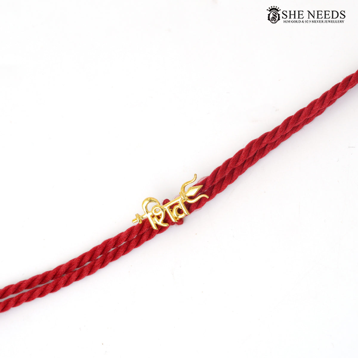 Traditional Red Thread Silver Rakhi with Gold Finish Motif