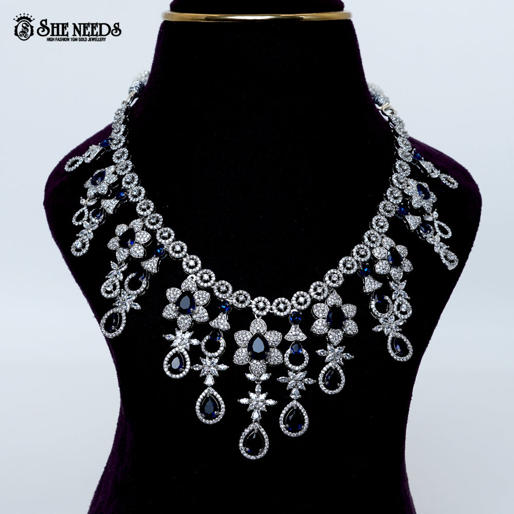 Amethyst bloom rhodium silver necklace with purple stone drops floral design