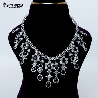 Amethyst bloom rhodium silver necklace with purple stone drops floral design