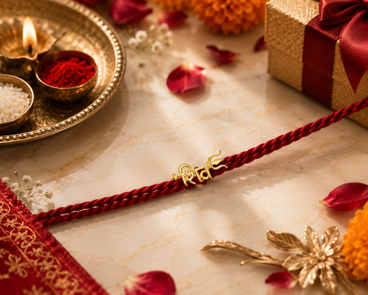 Traditional Red Thread Silver Rakhi with Gold Finish Motif