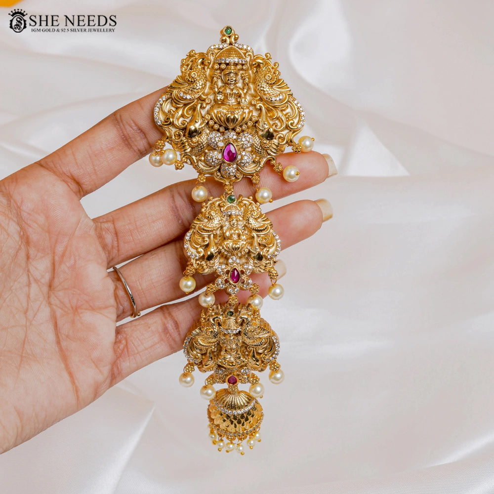 Lakshmi temple jada settu bridal hair jewellery with pearls by She Needs Jewellery