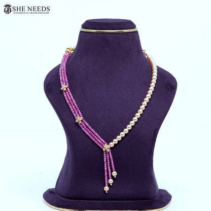 Pink CZ beads chain necklace with Swarovski pearls by She Needs Jewellery