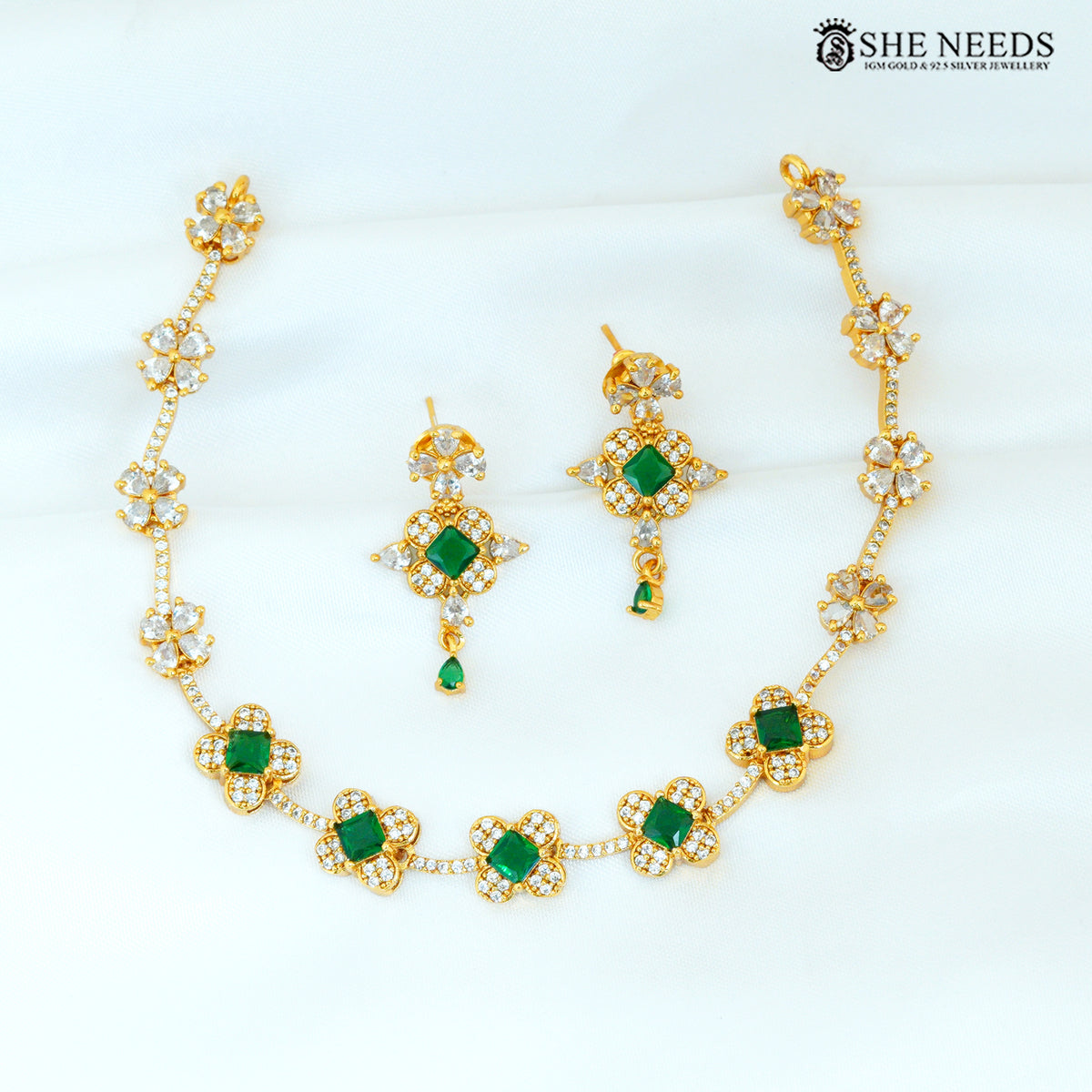 Green Stone Floral Gold-Plated Necklace Set