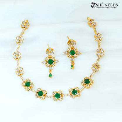 Green Stone Floral Gold-Plated Necklace Set