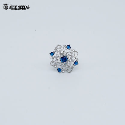 Silver blue crystal floral statement ring for women
