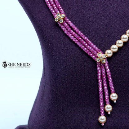 Pink CZ beads chain necklace with Swarovski pearls by She Needs Jewellery