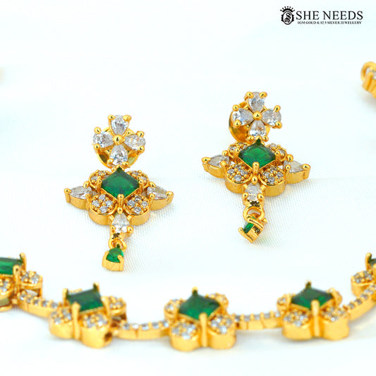 Green Stone Floral Gold-Plated Necklace Set