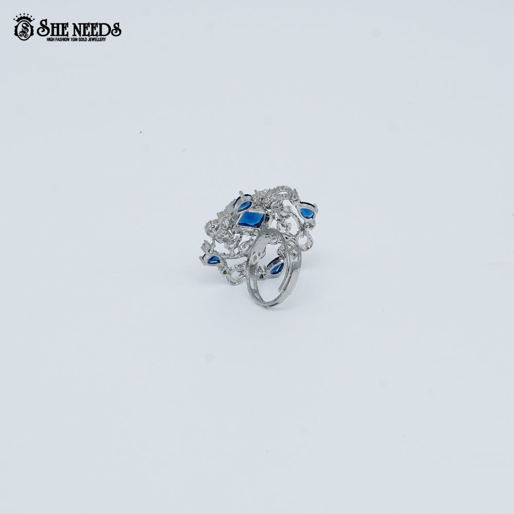 Silver blue crystal floral statement ring for women