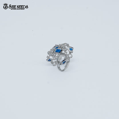 Silver blue crystal floral statement ring for women