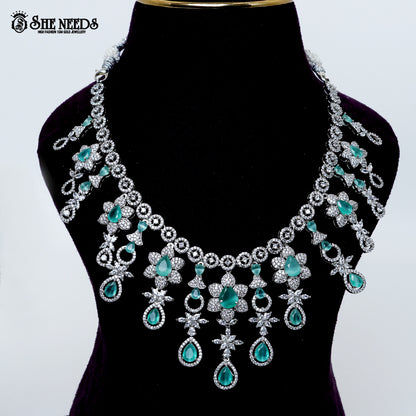 Amethyst bloom rhodium silver necklace with purple stone drops floral design