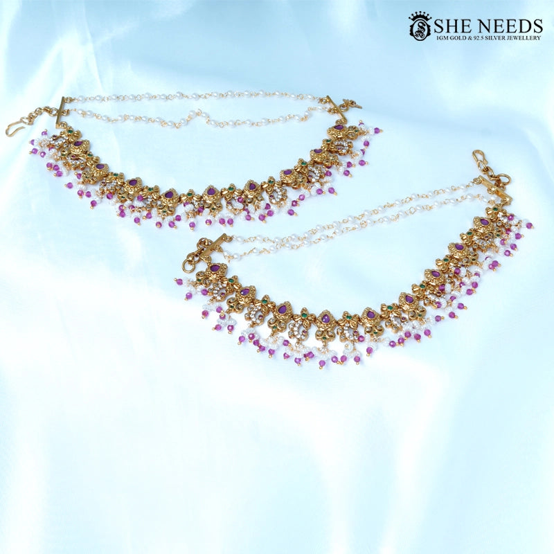 Purple Stone Champasavaralu Earrings with Pearl Drops