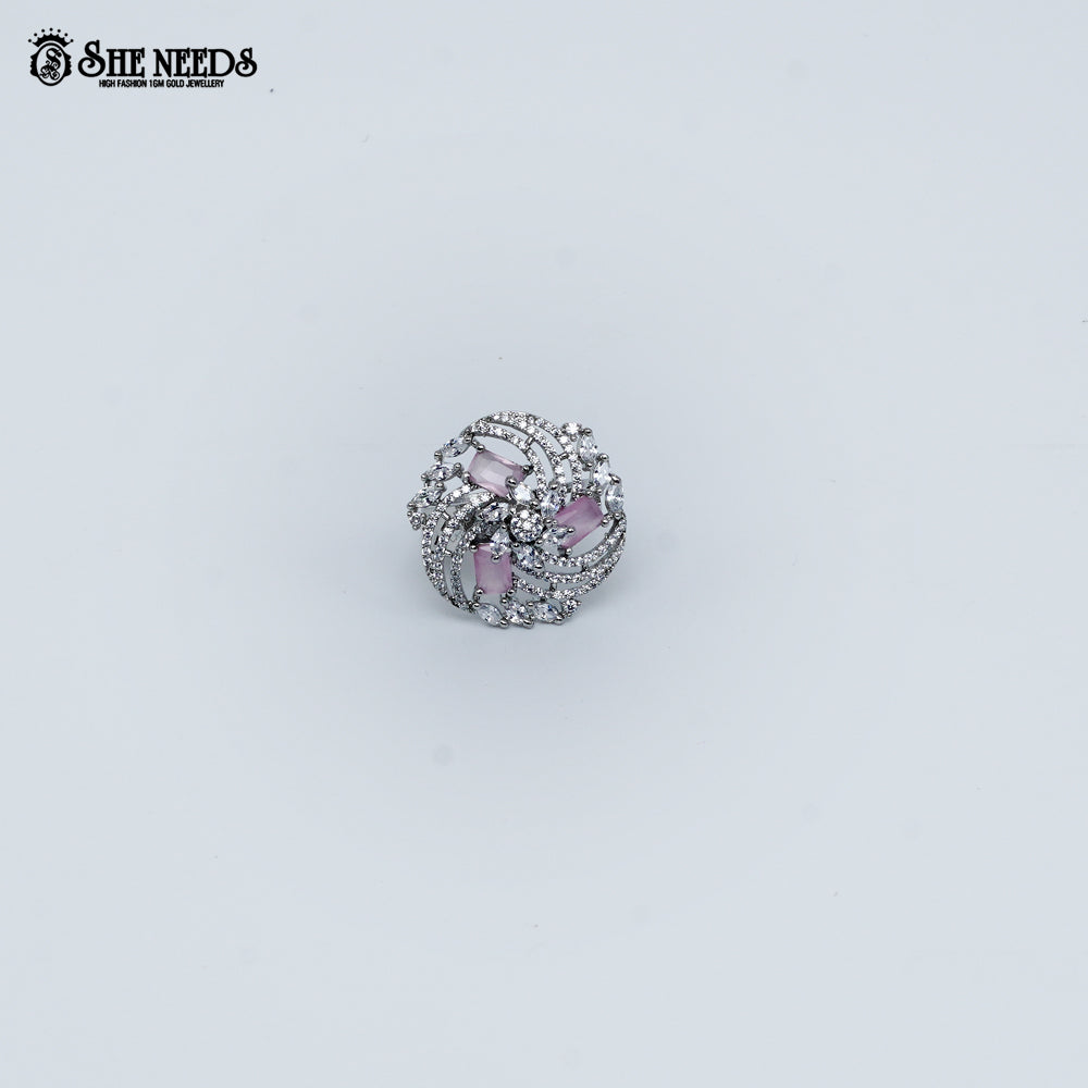 Silver pink stone designer ring for women with crystal detailing