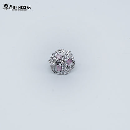 Silver pink stone designer ring for women with crystal detailing