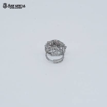 Silver pink stone designer ring for women with crystal detailing